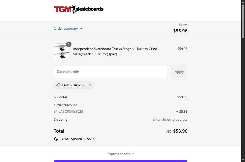TGM Skateboards checkout page showing TGM Skateboards coupon code box | Screenshot taken by SimplyCodes community member on Aug 29, 2025