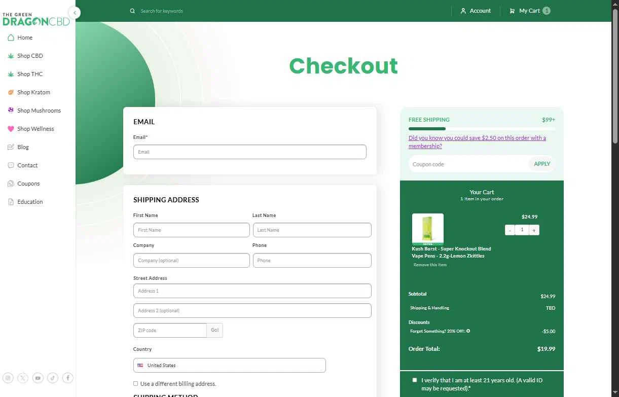 The Green Dragon CBD checkout page showing The Green Dragon CBD coupon code box | Screenshot taken by SimplyCodes community member on Jan 16, 2026