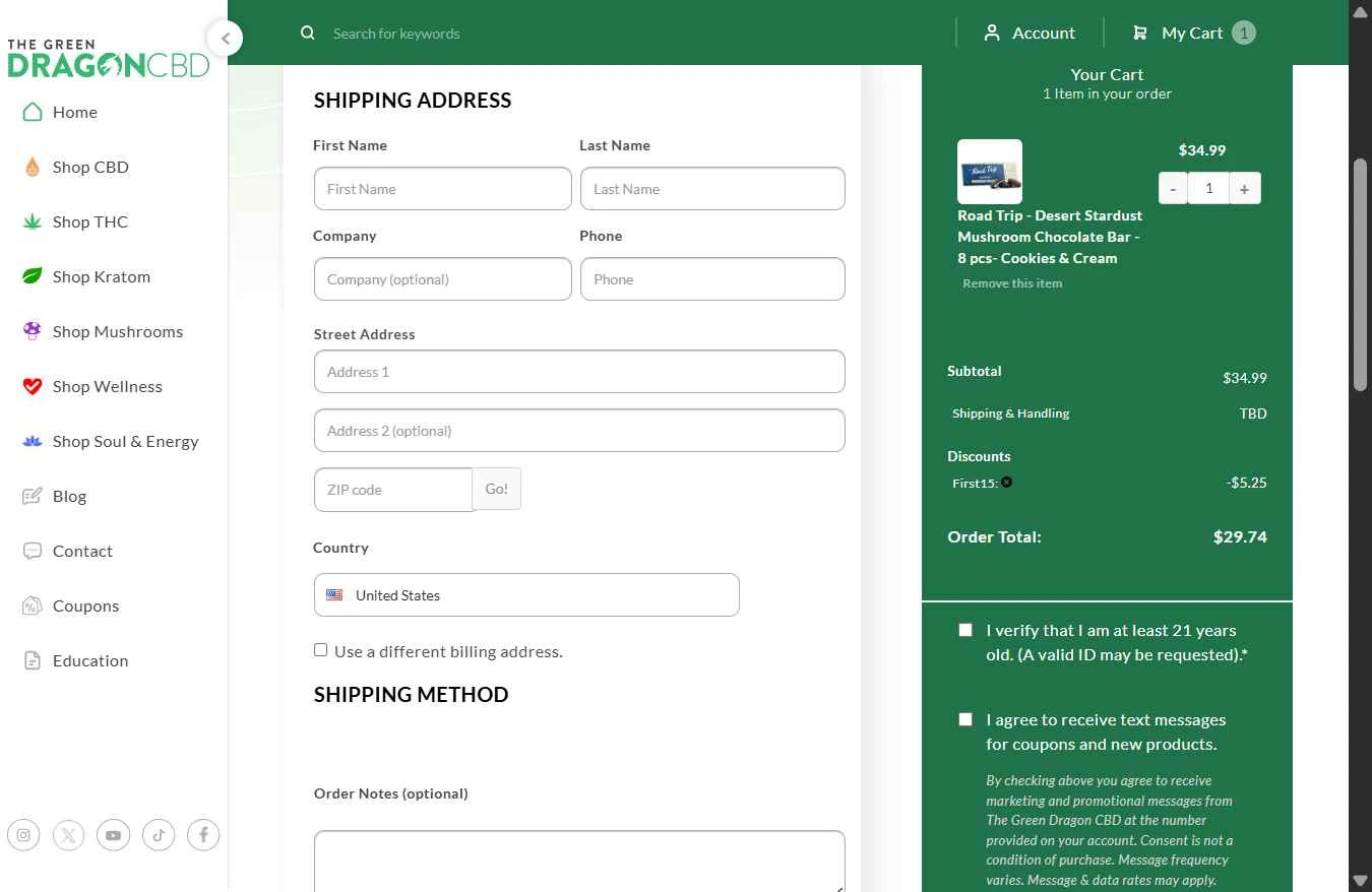 The Green Dragon CBD checkout page showing The Green Dragon CBD coupon code box | Screenshot taken by SimplyCodes community member on Feb 6, 2026