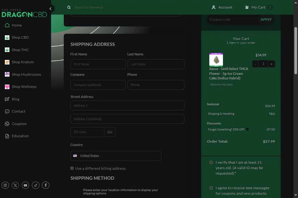 The Green Dragon CBD checkout page showing The Green Dragon CBD coupon code box | Screenshot taken by SimplyCodes community member on Jan 16, 2026