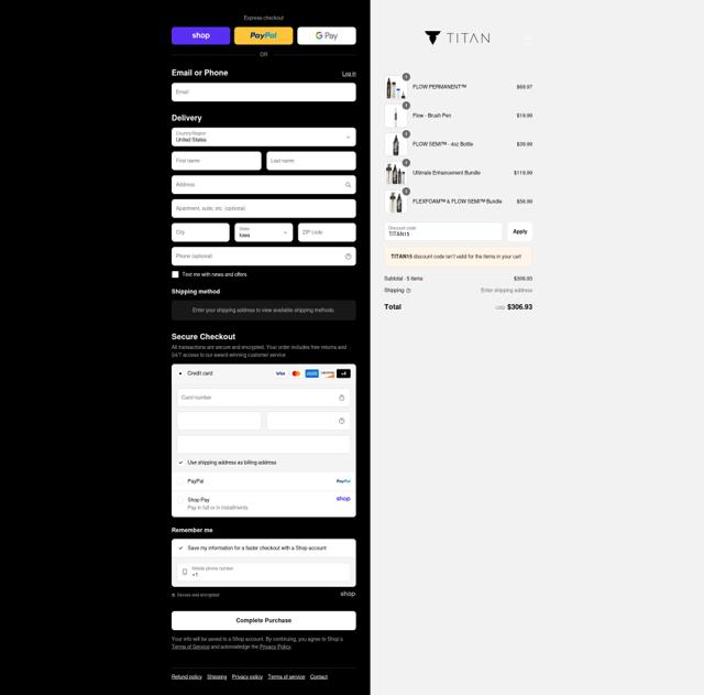 Titan checkout page showing Titan discount code box | Screenshot taken by SimplyCodes community member on Sep 6, 2025