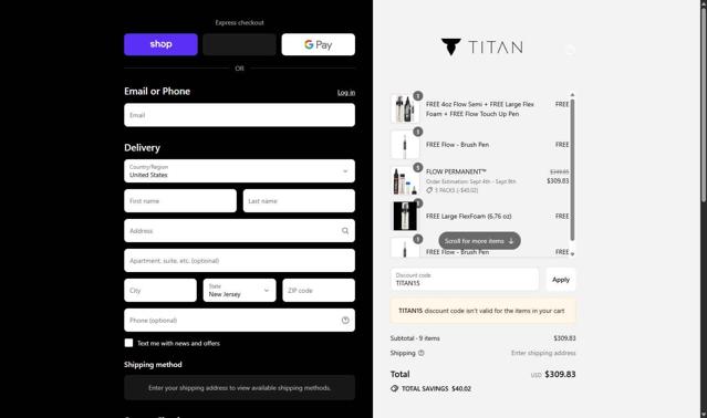 Titan checkout page showing Titan discount code box | Screenshot taken by SimplyCodes community member on Sep 2, 2025
