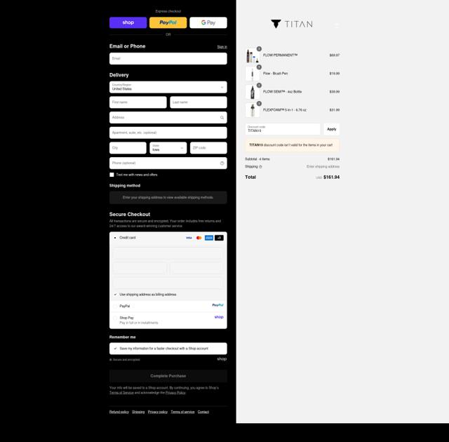 Titan checkout page showing Titan discount code box | Screenshot taken by SimplyCodes community member on Sep 10, 2025