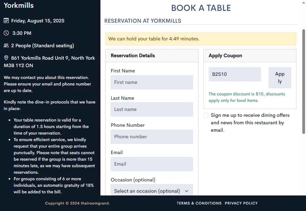 ThairoomGrand checkout page showing ThairoomGrand promo code box | Screenshot taken by SimplyCodes community member on Aug 13, 2025