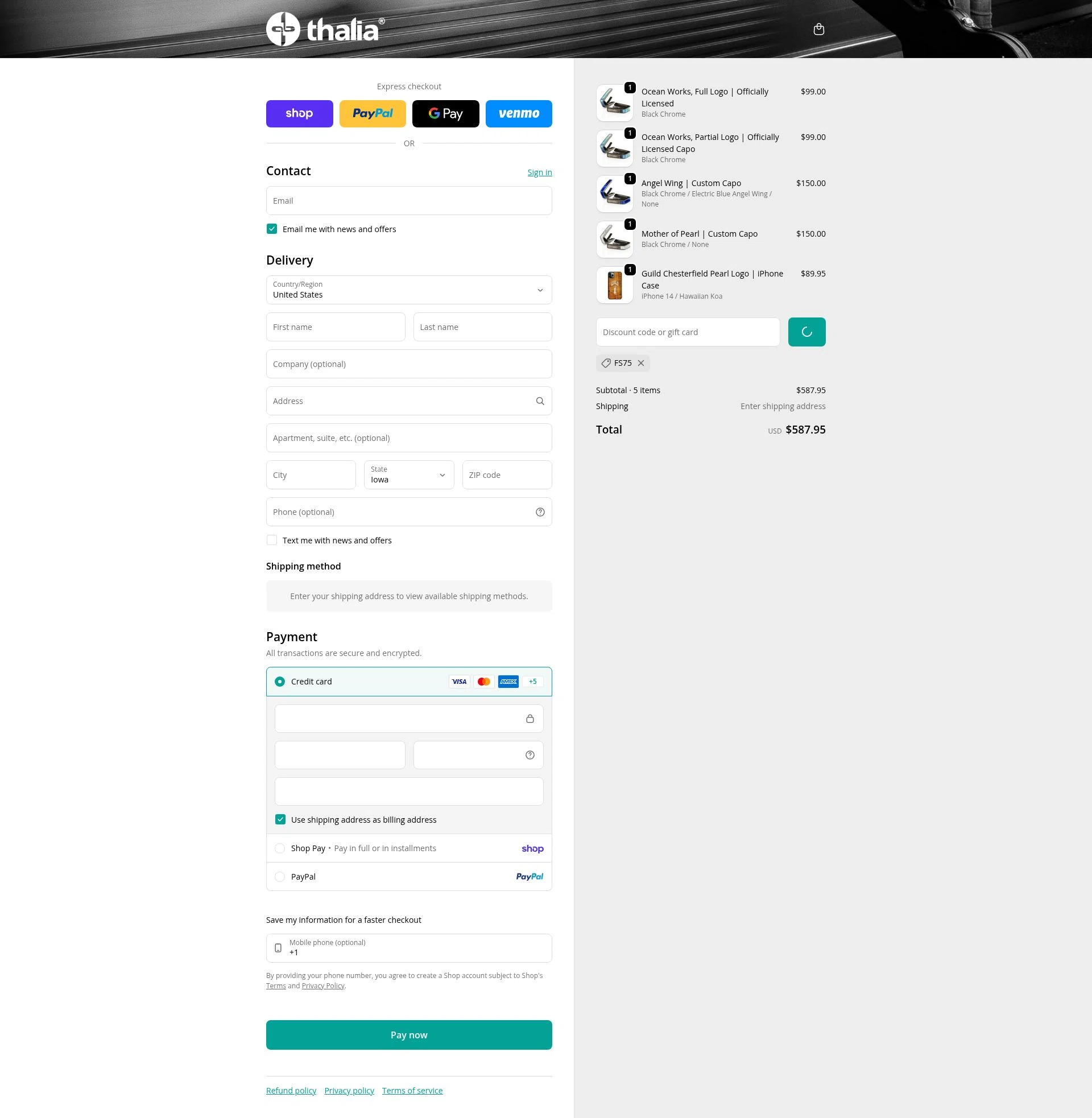 Thalia Capos checkout page showing Thalia Capos discount code box | Screenshot taken by SimplyCodes community member on Feb 7, 2026