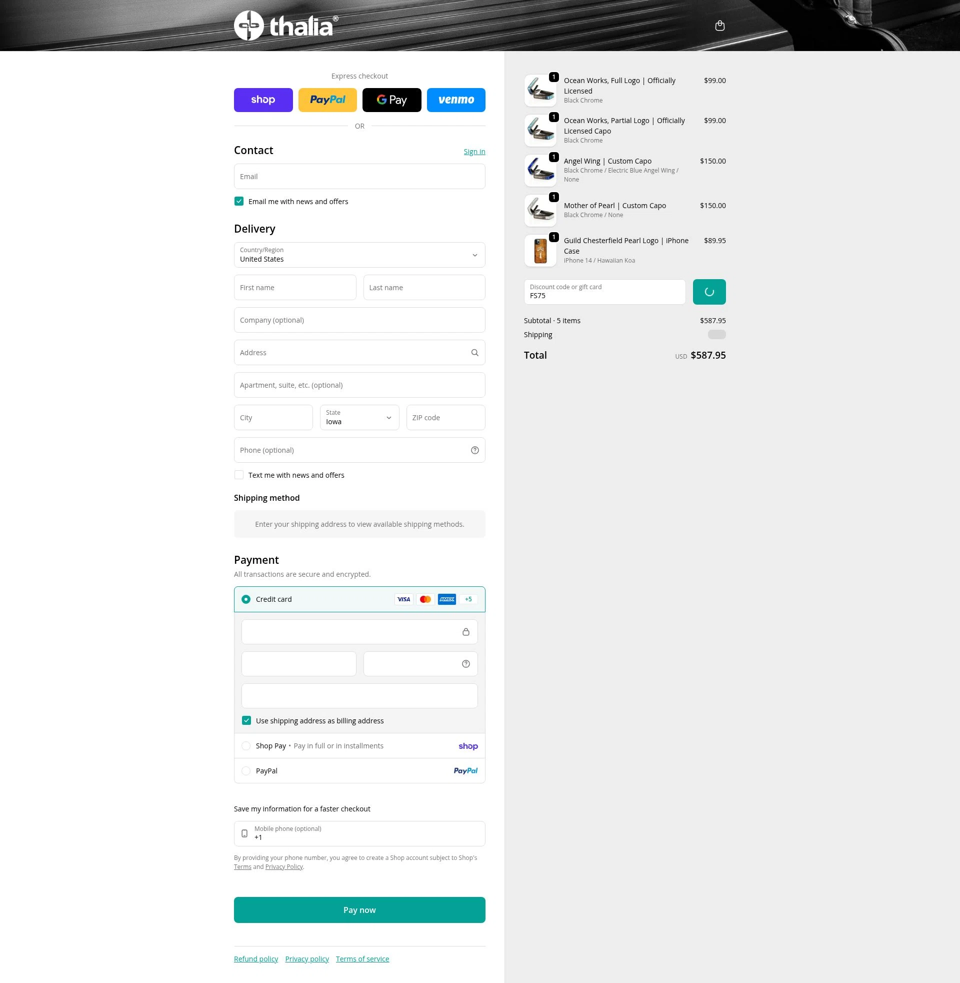 Thalia Capos checkout page showing Thalia Capos discount code box | Screenshot taken by SimplyCodes community member on Feb 3, 2026