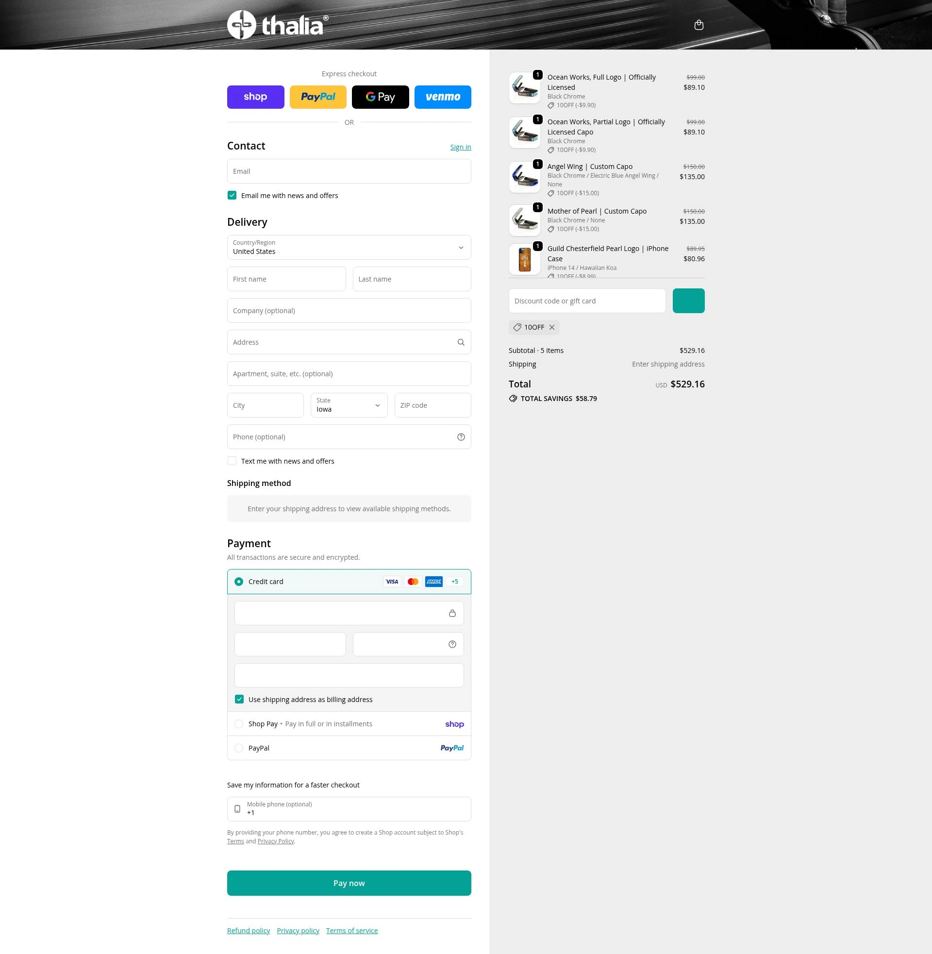 Thalia Capos checkout page showing Thalia Capos discount code box | Screenshot taken by SimplyCodes community member on Feb 7, 2026