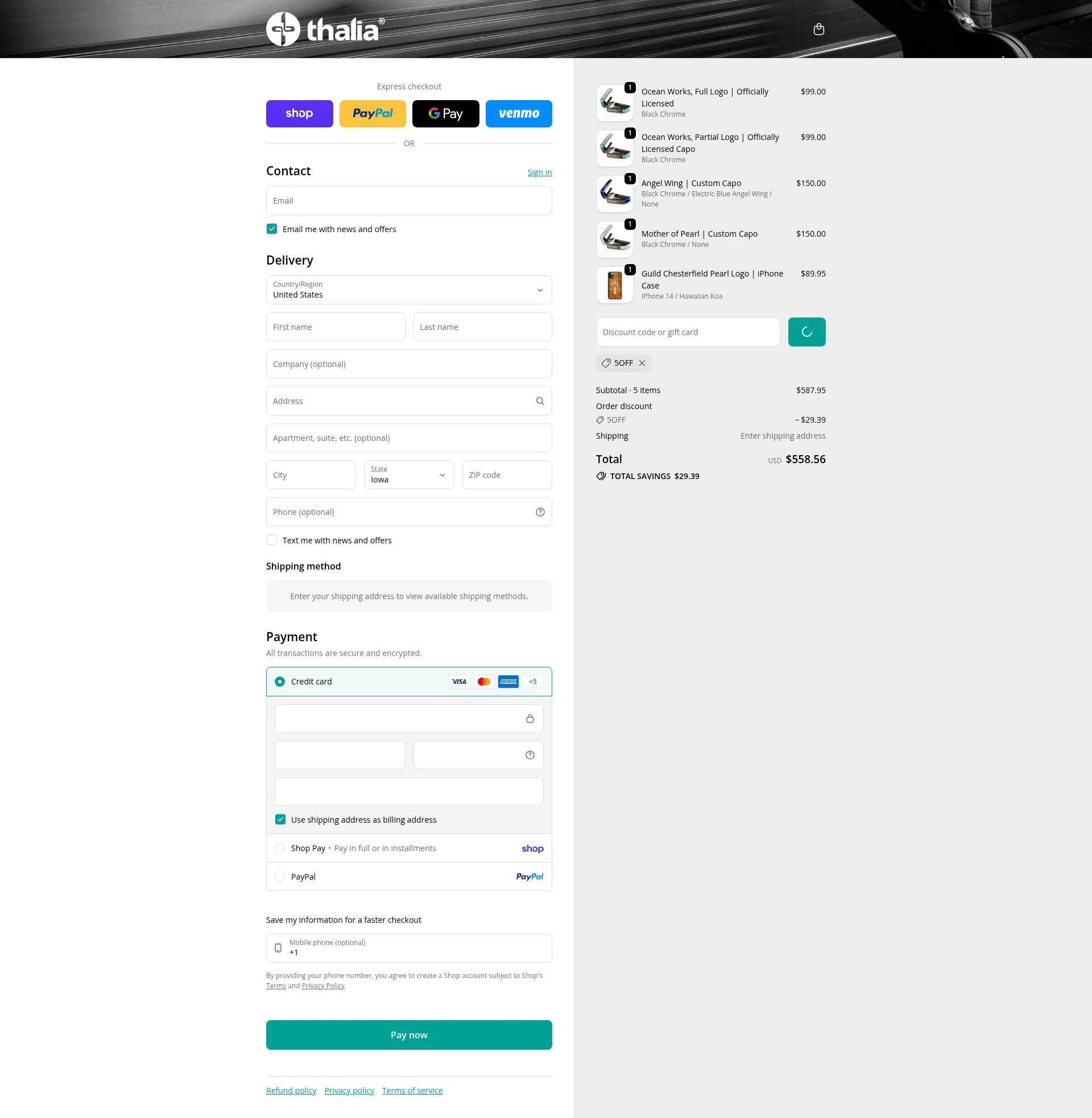 Thalia Capos checkout page showing Thalia Capos discount code box | Screenshot taken by SimplyCodes community member on Feb 7, 2026