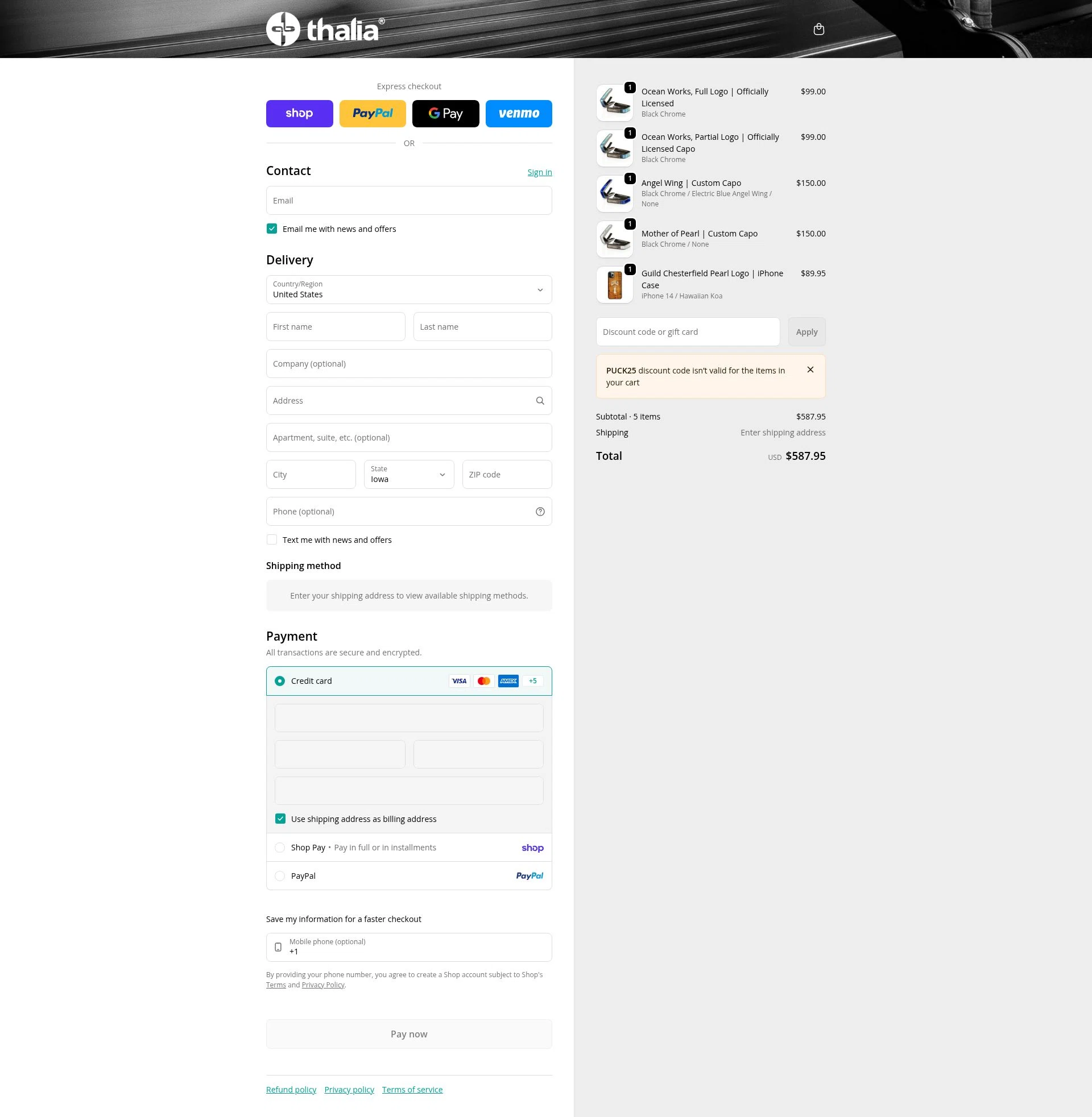 Thalia Capos checkout page showing Thalia Capos discount code box | Screenshot taken by SimplyCodes community member on Feb 7, 2026