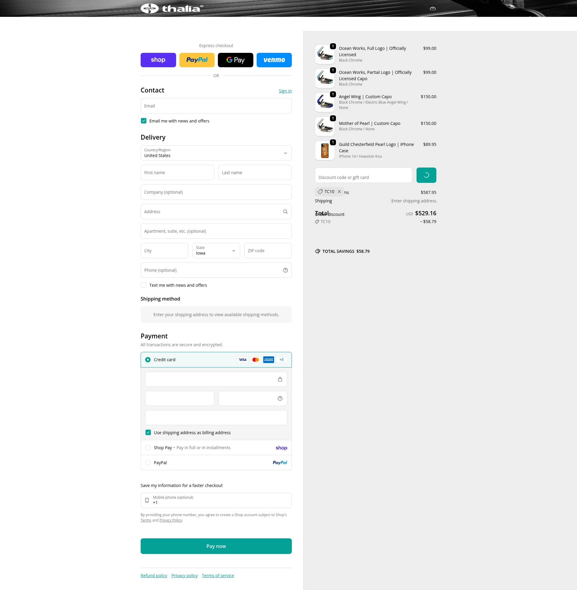 Thalia Capos checkout page showing Thalia Capos discount code box | Screenshot taken by SimplyCodes community member on Feb 7, 2026
