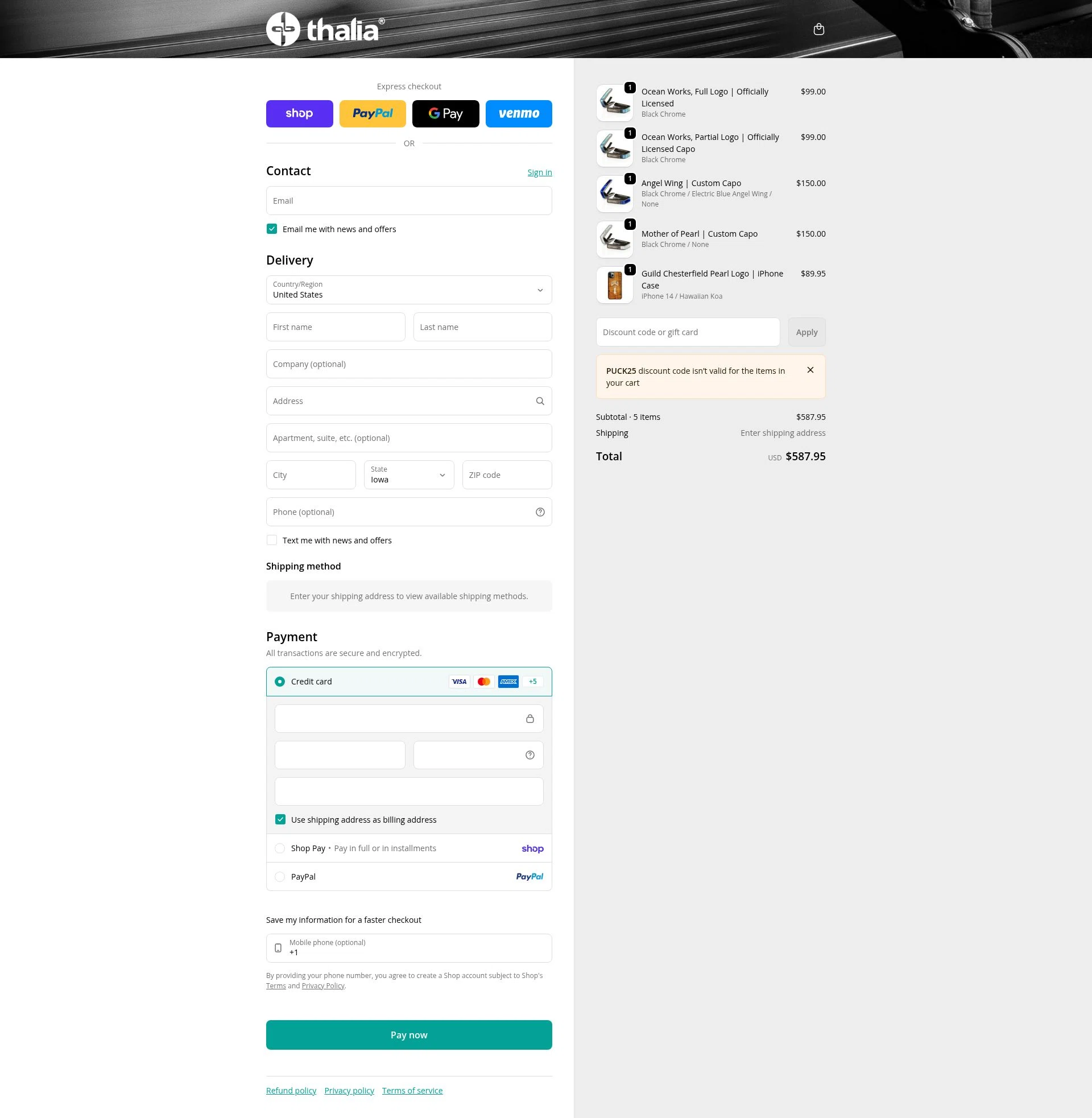 Thalia Capos checkout page showing Thalia Capos discount code box | Screenshot taken by SimplyCodes community member on Feb 3, 2026