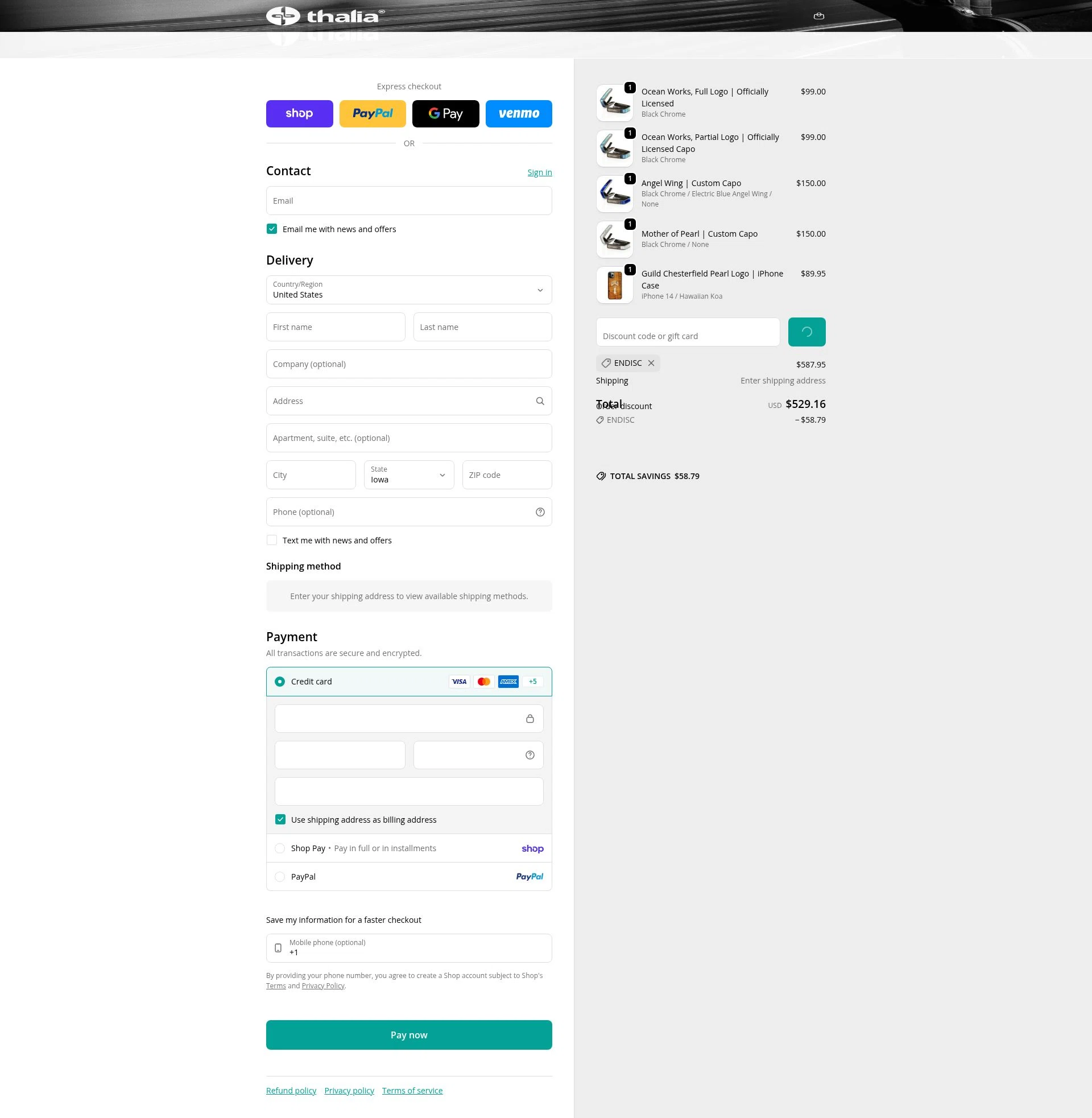 Thalia Capos checkout page showing Thalia Capos discount code box | Screenshot taken by SimplyCodes community member on Feb 7, 2026