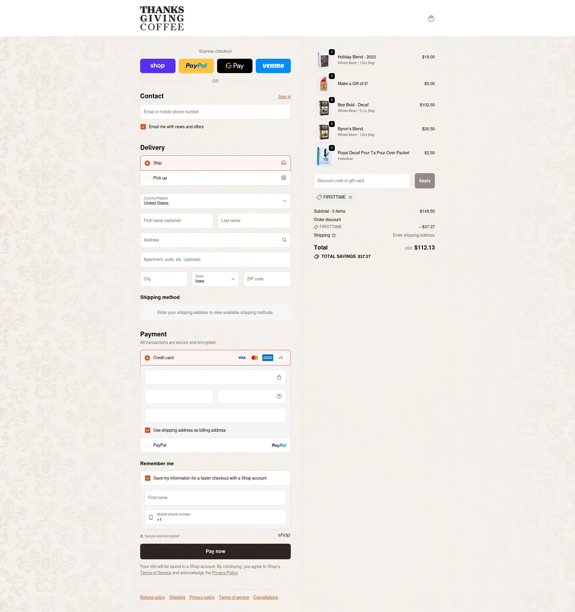 Thanksgiving Coffee checkout page showing Thanksgiving Coffee discount code box | Screenshot taken by SimplyCodes community member on Dec 4, 2025