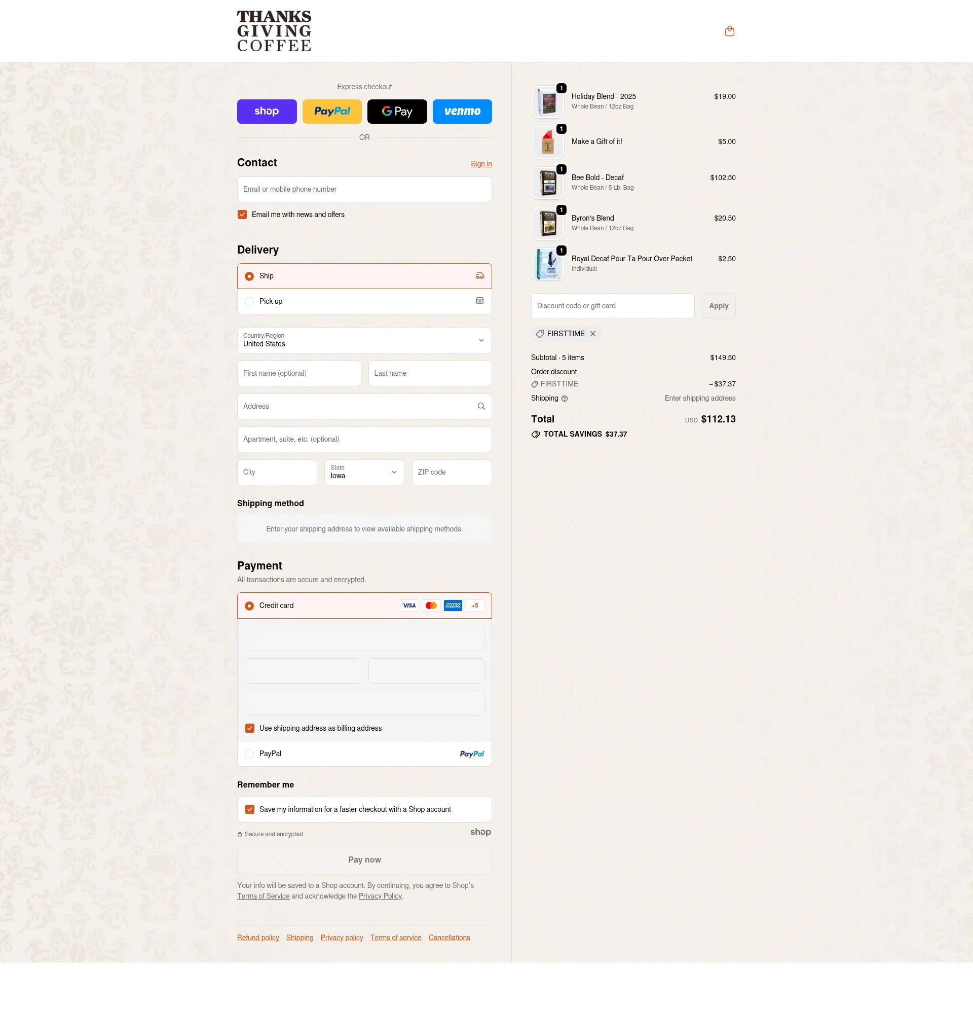 Thanksgiving Coffee checkout page showing Thanksgiving Coffee discount code box | Screenshot taken by SimplyCodes community member on Nov 29, 2025