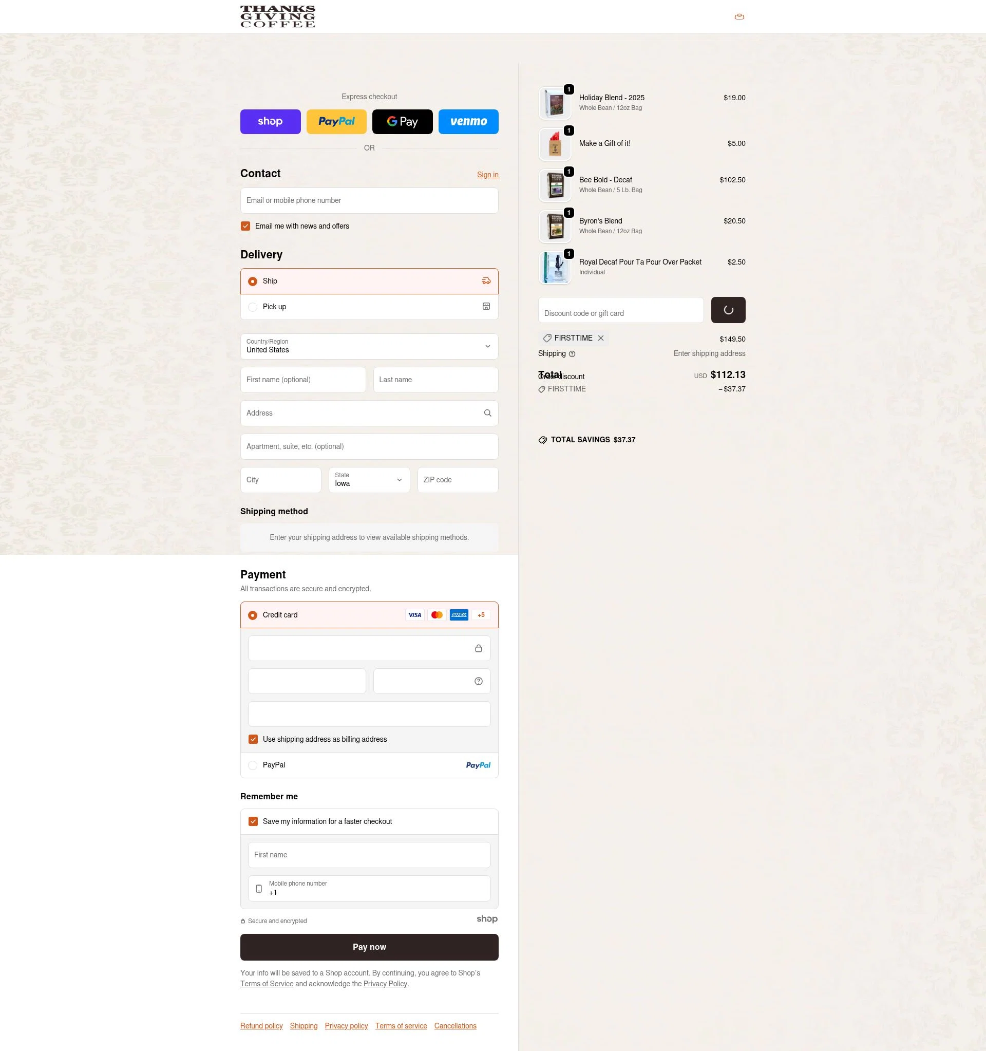 Thanksgiving Coffee checkout page showing Thanksgiving Coffee discount code box | Screenshot taken by SimplyCodes community member on Dec 22, 2025