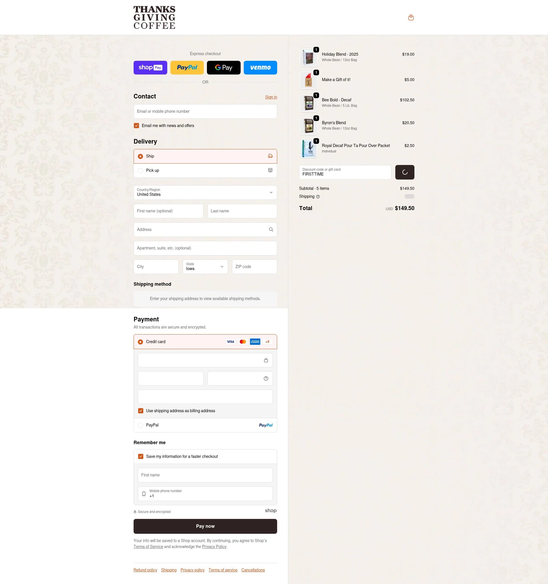 Thanksgiving Coffee checkout page showing Thanksgiving Coffee discount code box | Screenshot taken by SimplyCodes community member on Jan 6, 2026