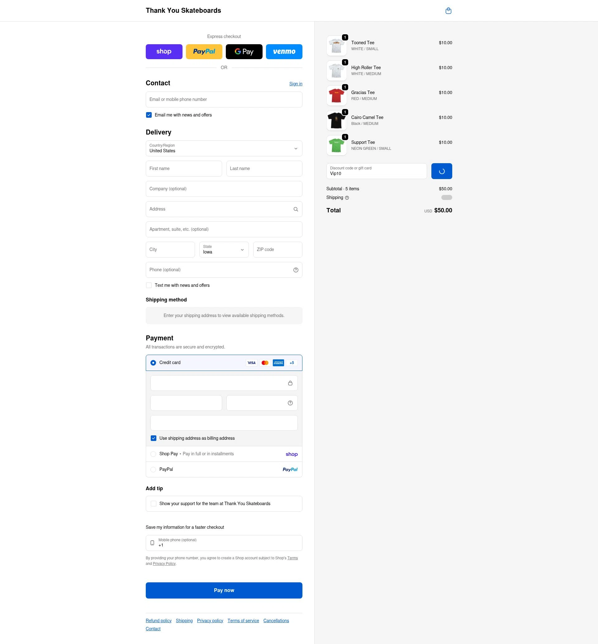 Thank You Skateboards checkout page showing Thank You Skateboards promo code box | Screenshot taken by SimplyCodes community member on Feb 13, 2026