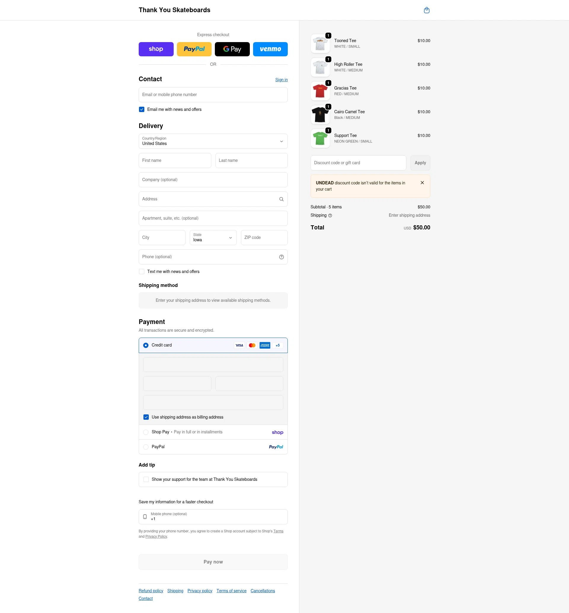 Thank You Skateboards checkout page showing Thank You Skateboards promo code box | Screenshot taken by SimplyCodes community member on Feb 17, 2026