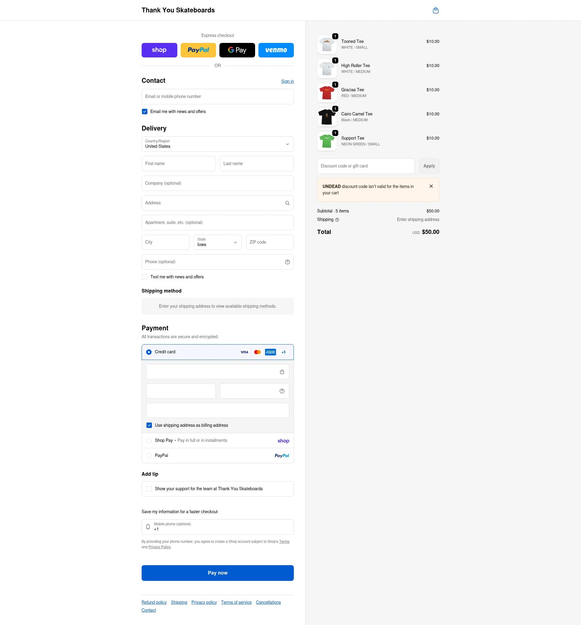 Thank You Skateboards checkout page showing Thank You Skateboards promo code box | Screenshot taken by SimplyCodes community member on Feb 13, 2026