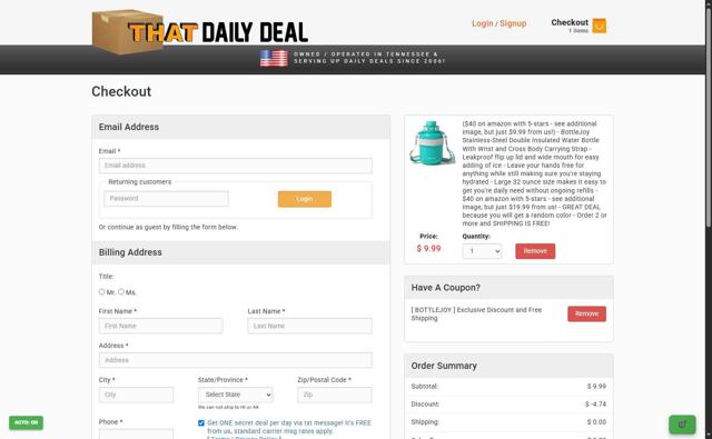 THAT Daily Deal checkout page showing THAT Daily Deal promo code box | Screenshot taken by SimplyCodes community member on Sep 9, 2025
