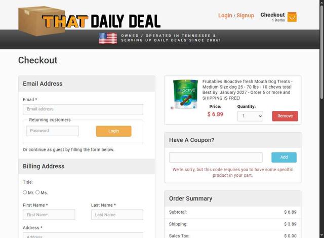 THAT Daily Deal checkout page showing THAT Daily Deal promo code box | Screenshot taken by SimplyCodes community member on Sep 5, 2025