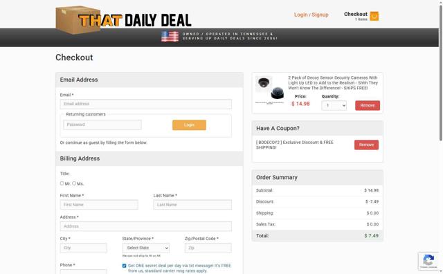 THAT Daily Deal checkout page showing THAT Daily Deal promo code box | Screenshot taken by SimplyCodes community member on Sep 9, 2025