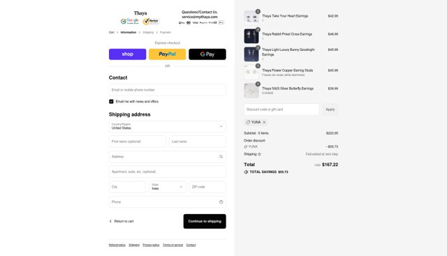 Thaya checkout page showing Thaya discount code box | Screenshot taken by SimplyCodes community member on Sep 4, 2025
