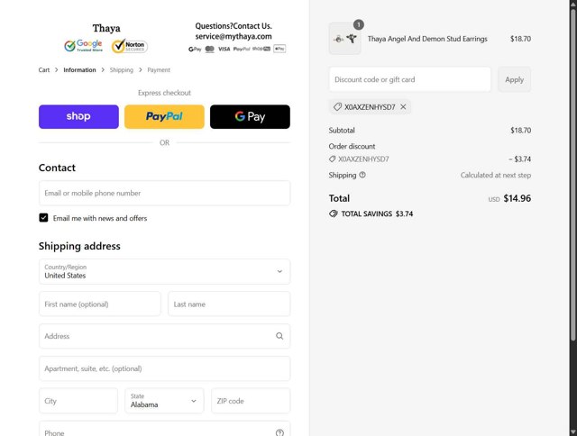 Thaya checkout page showing Thaya discount code box | Screenshot taken by SimplyCodes community member on Sep 4, 2025