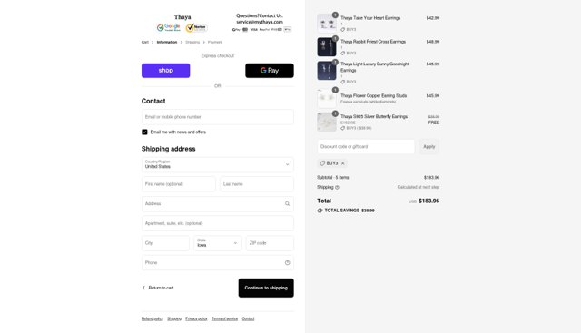 Thaya checkout page showing Thaya discount code box | Screenshot taken by SimplyCodes community member on Sep 4, 2025