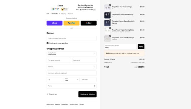 Thaya checkout page showing Thaya discount code box | Screenshot taken by SimplyCodes community member on Sep 4, 2025