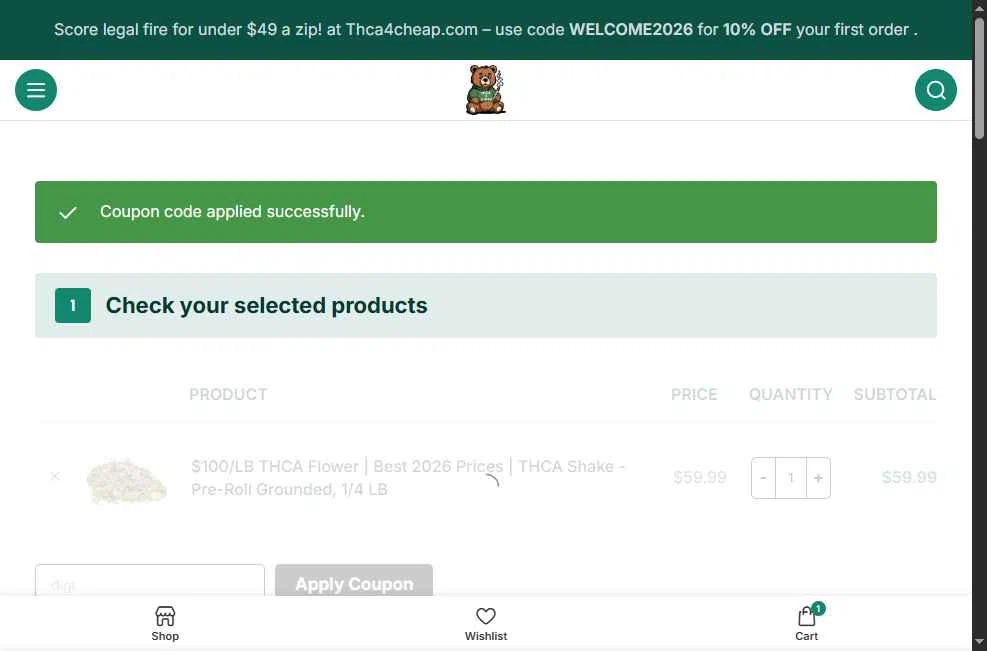 THCA4cheap.com checkout page showing THCA4cheap.com promo code box | Screenshot taken by SimplyCodes community member on Feb 3, 2026