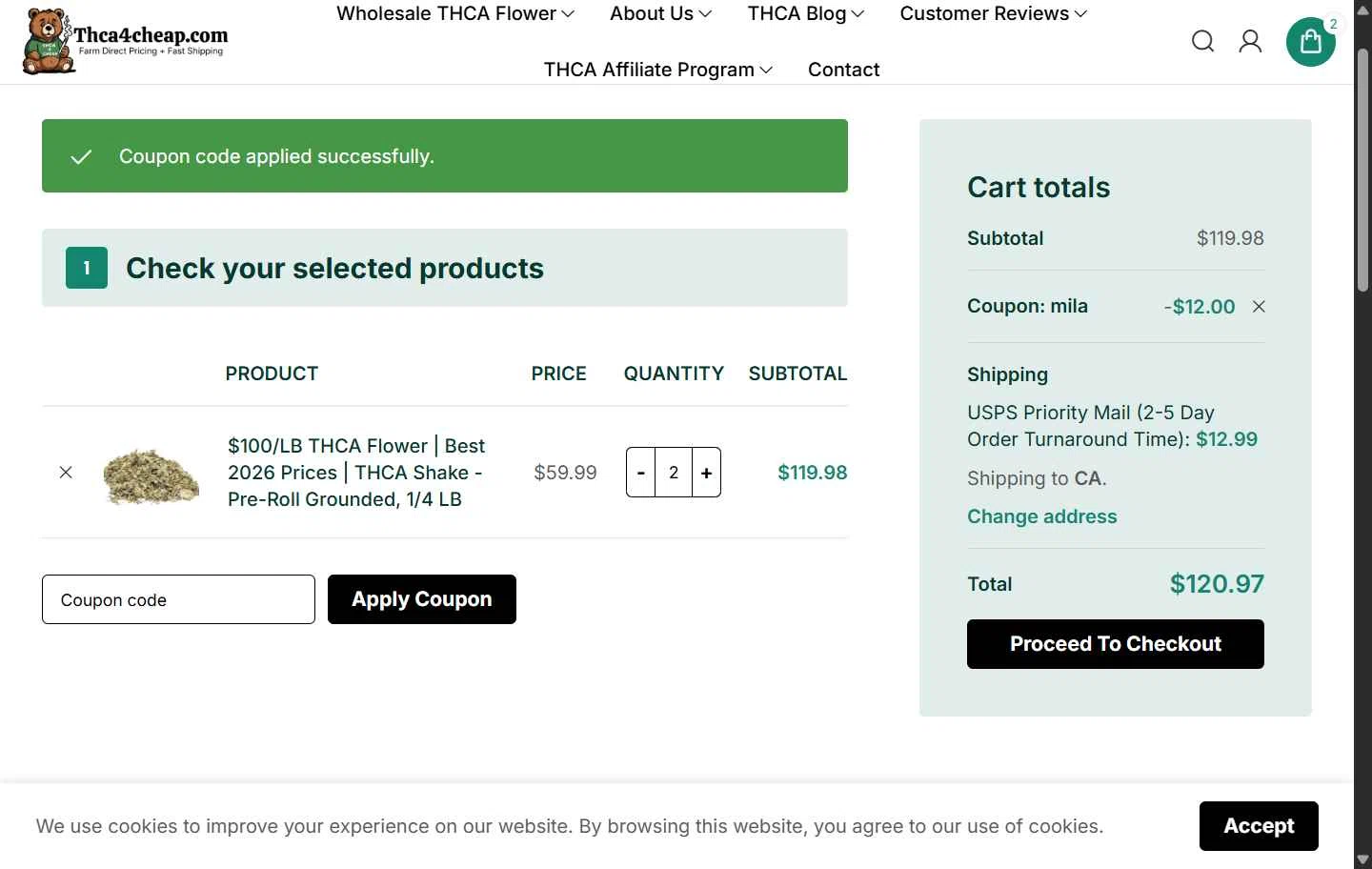 THCA4cheap.com checkout page showing THCA4cheap.com promo code box | Screenshot taken by SimplyCodes community member on Feb 3, 2026