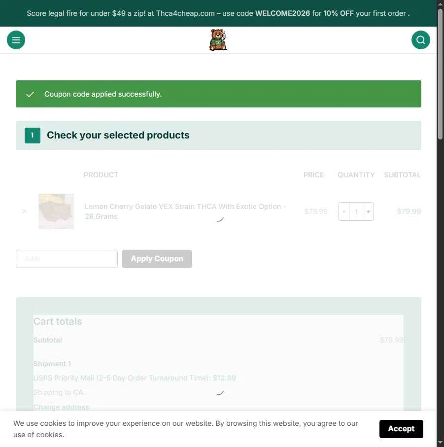 THCA4cheap.com checkout page showing THCA4cheap.com promo code box | Screenshot taken by SimplyCodes community member on Feb 8, 2026