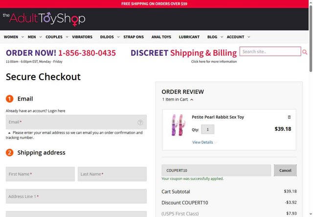 The Adult Toy Shop checkout page showing The Adult Toy Shop promo code box | Screenshot taken by SimplyCodes community member on Sep 2, 2025
