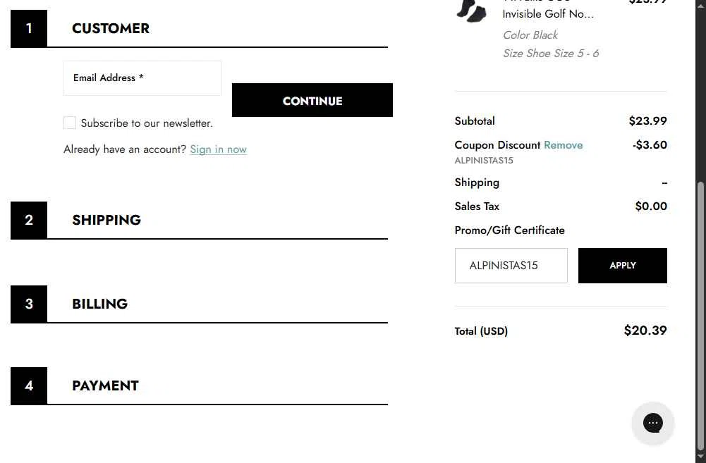 ALPINISTAS checkout page showing ALPINISTAS coupon code box | Screenshot taken by SimplyCodes community member on Dec 6, 2025