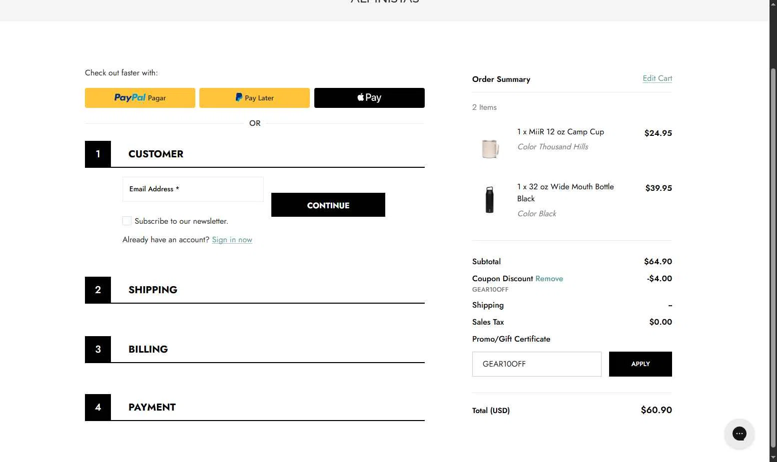ALPINISTAS checkout page showing ALPINISTAS coupon code box | Screenshot taken by SimplyCodes community member on Nov 27, 2025