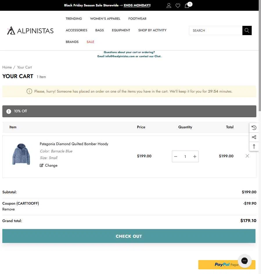 ALPINISTAS checkout page showing ALPINISTAS coupon code box | Screenshot taken by SimplyCodes community member on Nov 30, 2025