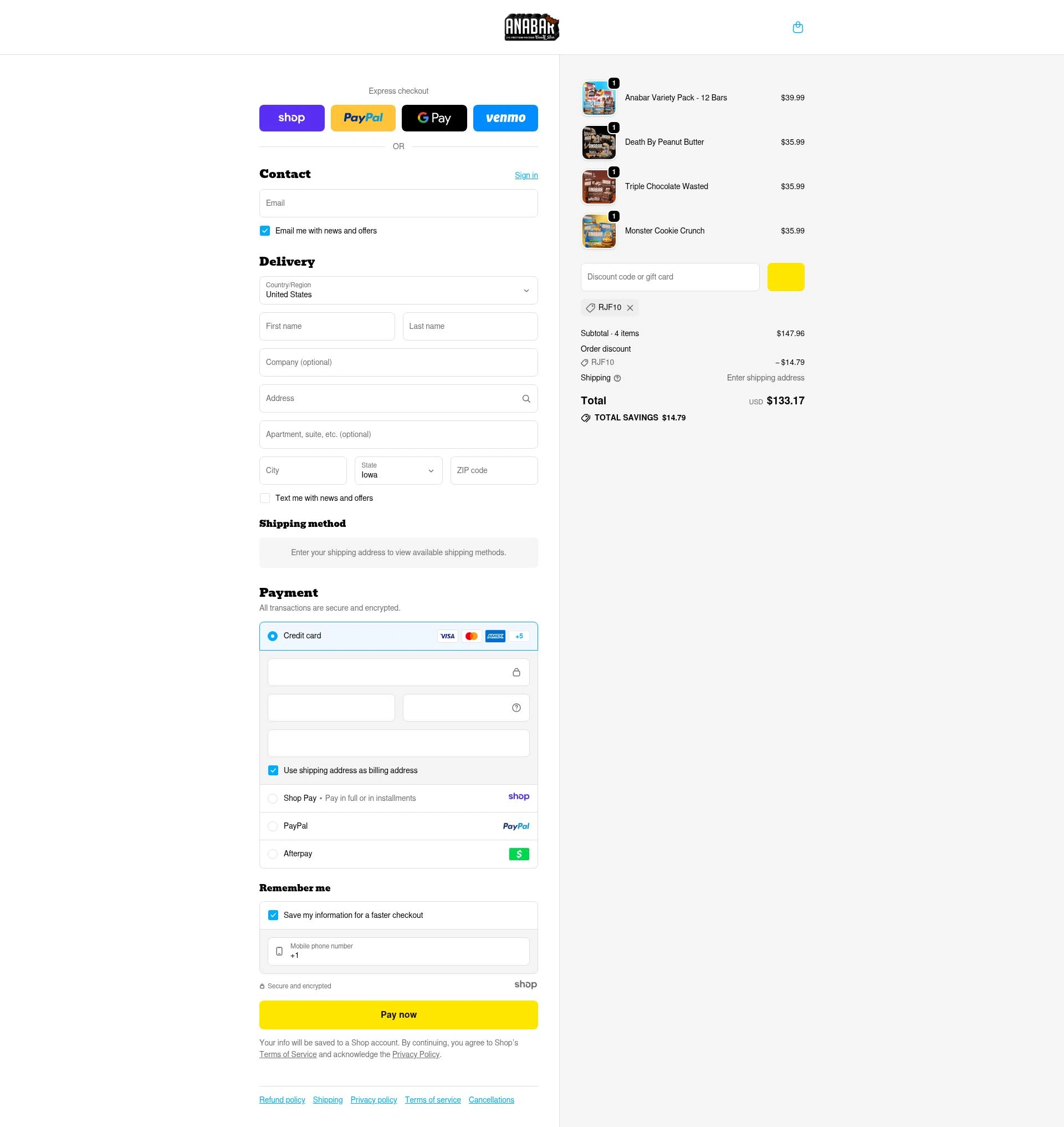 The Anabar checkout page showing The Anabar promo code box | Screenshot taken by SimplyCodes community member on Jan 3, 2026