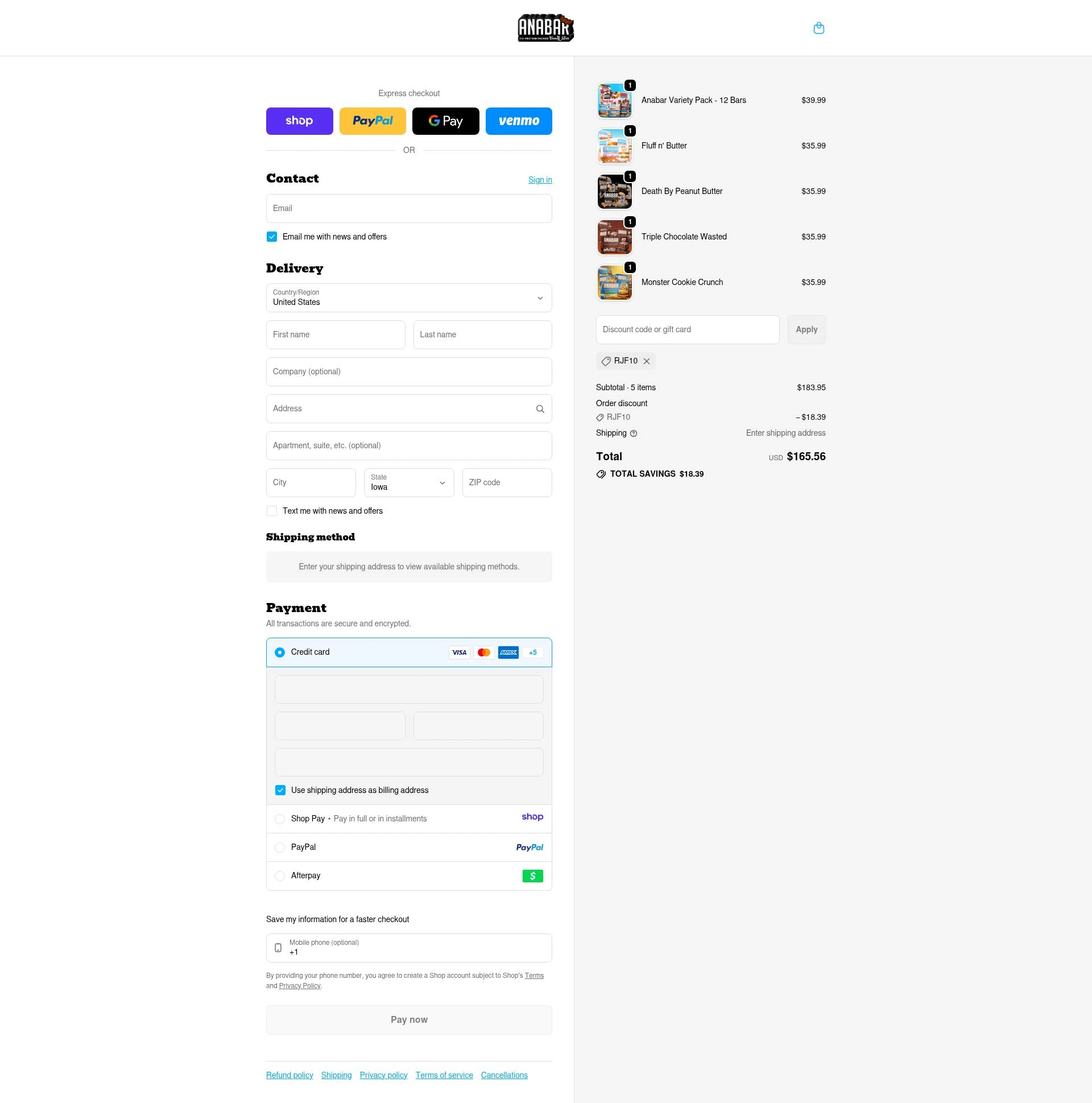 The Anabar checkout page showing The Anabar promo code box | Screenshot taken by SimplyCodes community member on Jan 8, 2026