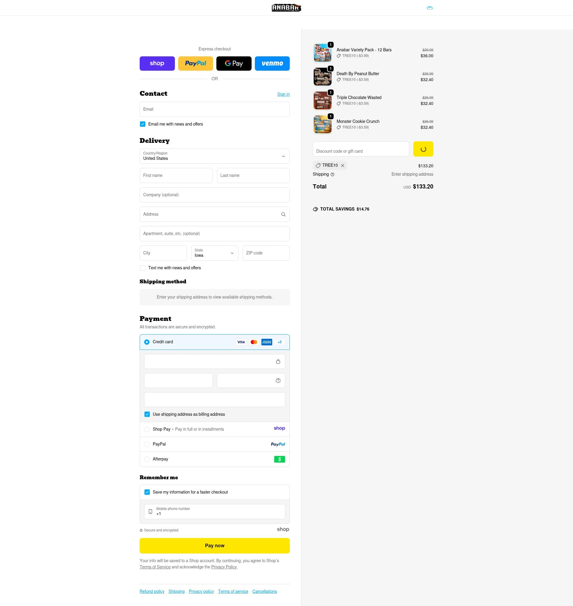 The Anabar checkout page showing The Anabar promo code box | Screenshot taken by SimplyCodes community member on Dec 29, 2025