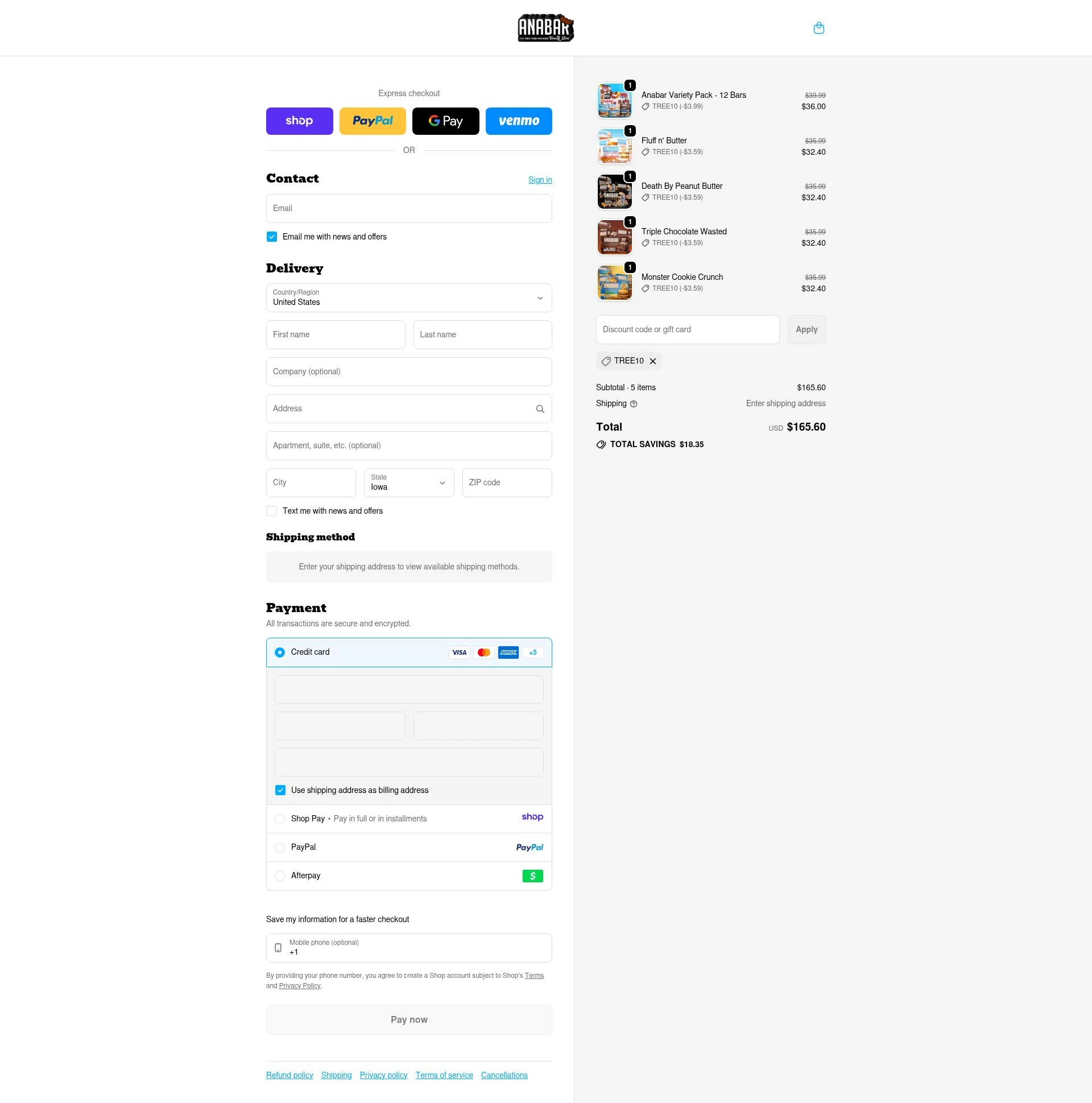 The Anabar checkout page showing The Anabar promo code box | Screenshot taken by SimplyCodes community member on Jan 8, 2026
