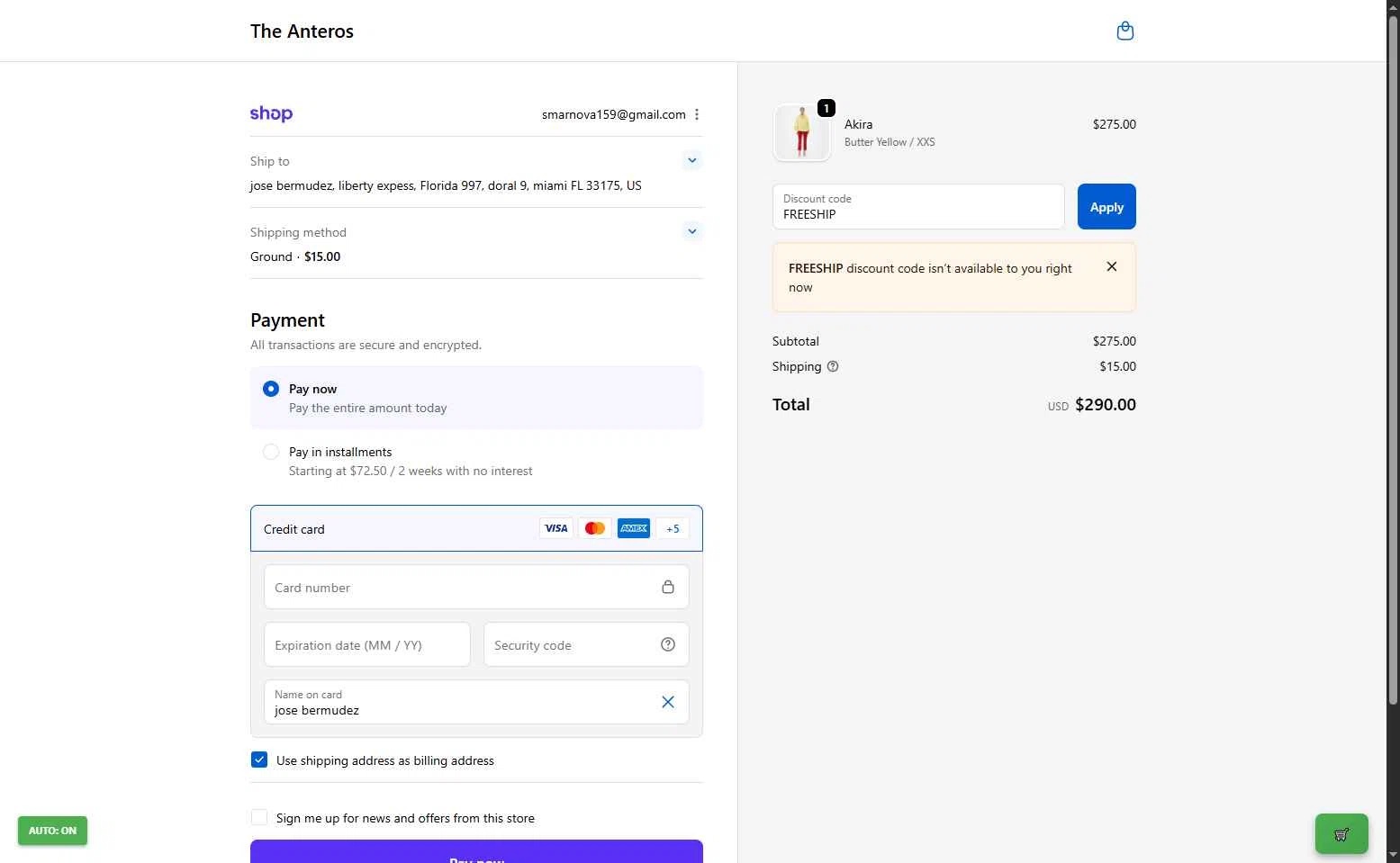 The Anteros checkout page showing The Anteros promo code box | Screenshot taken by SimplyCodes community member on Oct 22, 2025