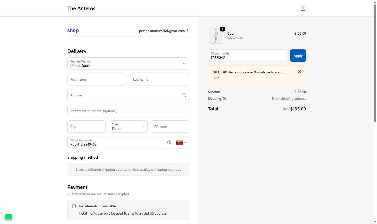 The Anteros checkout page showing The Anteros promo code box | Screenshot taken by SimplyCodes community member on Nov 20, 2025