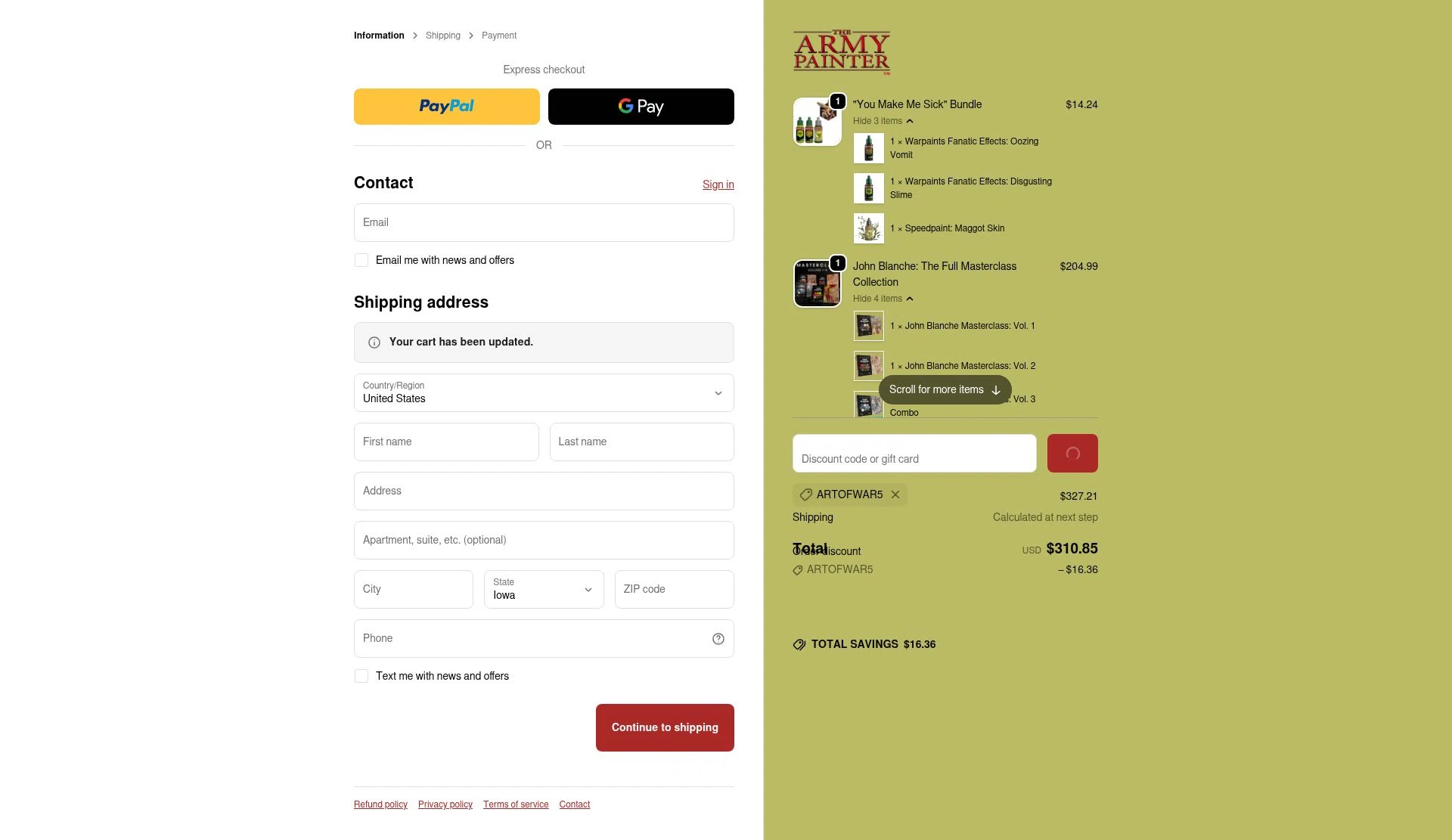 The Army Painter checkout page showing The Army Painter discount code box | Screenshot taken by SimplyCodes community member on Feb 7, 2026