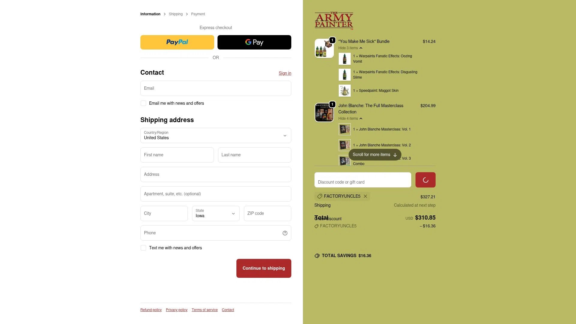 The Army Painter checkout page showing The Army Painter discount code box | Screenshot taken by SimplyCodes community member on Feb 7, 2026