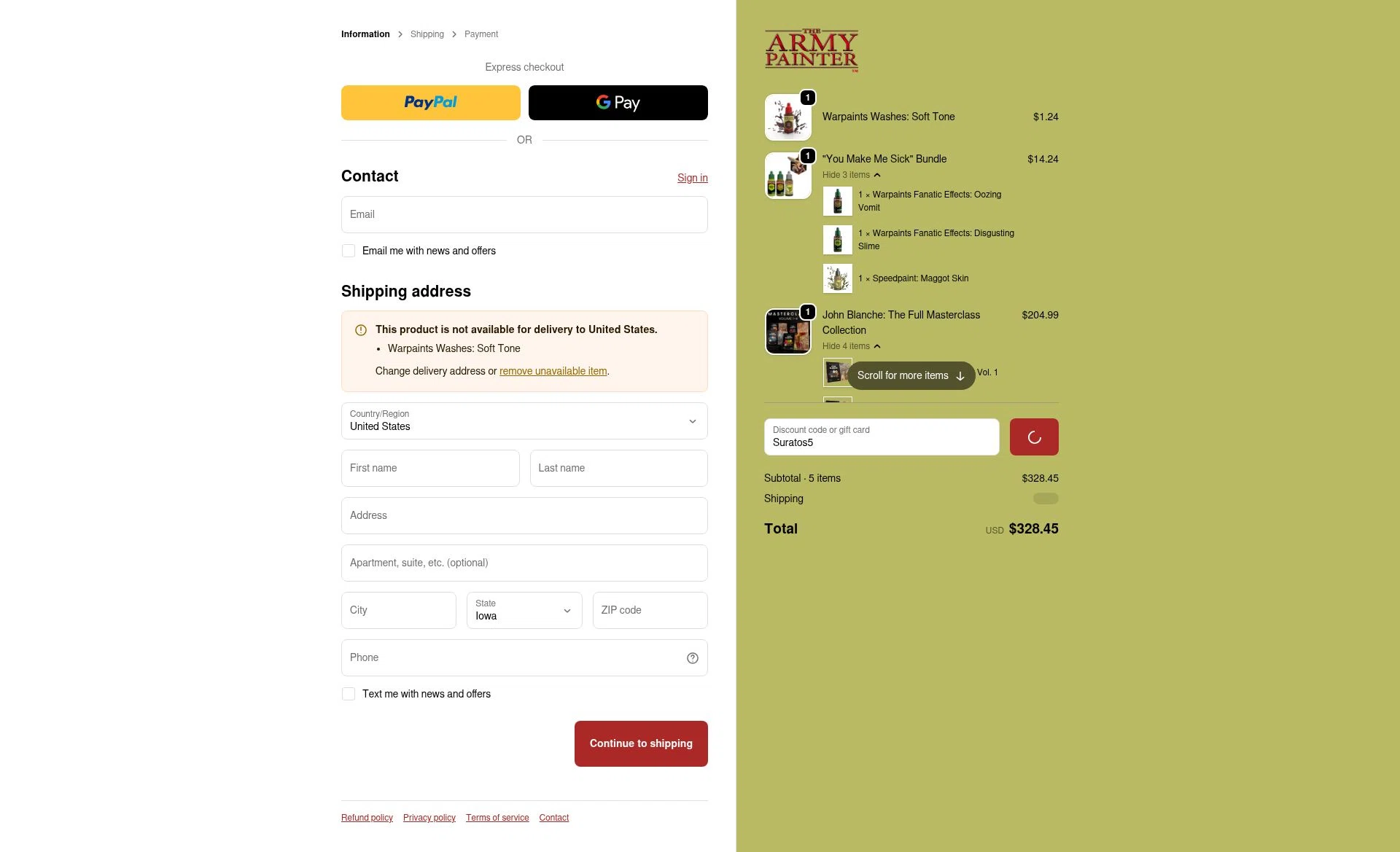 The Army Painter checkout page showing The Army Painter discount code box | Screenshot taken by SimplyCodes community member on Feb 7, 2026