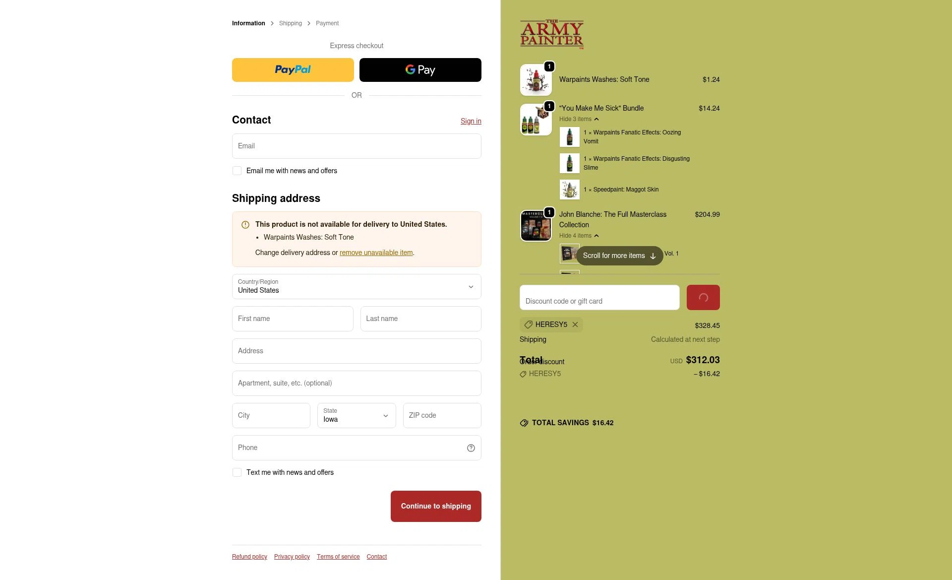The Army Painter checkout page showing The Army Painter discount code box | Screenshot taken by SimplyCodes community member on Feb 7, 2026