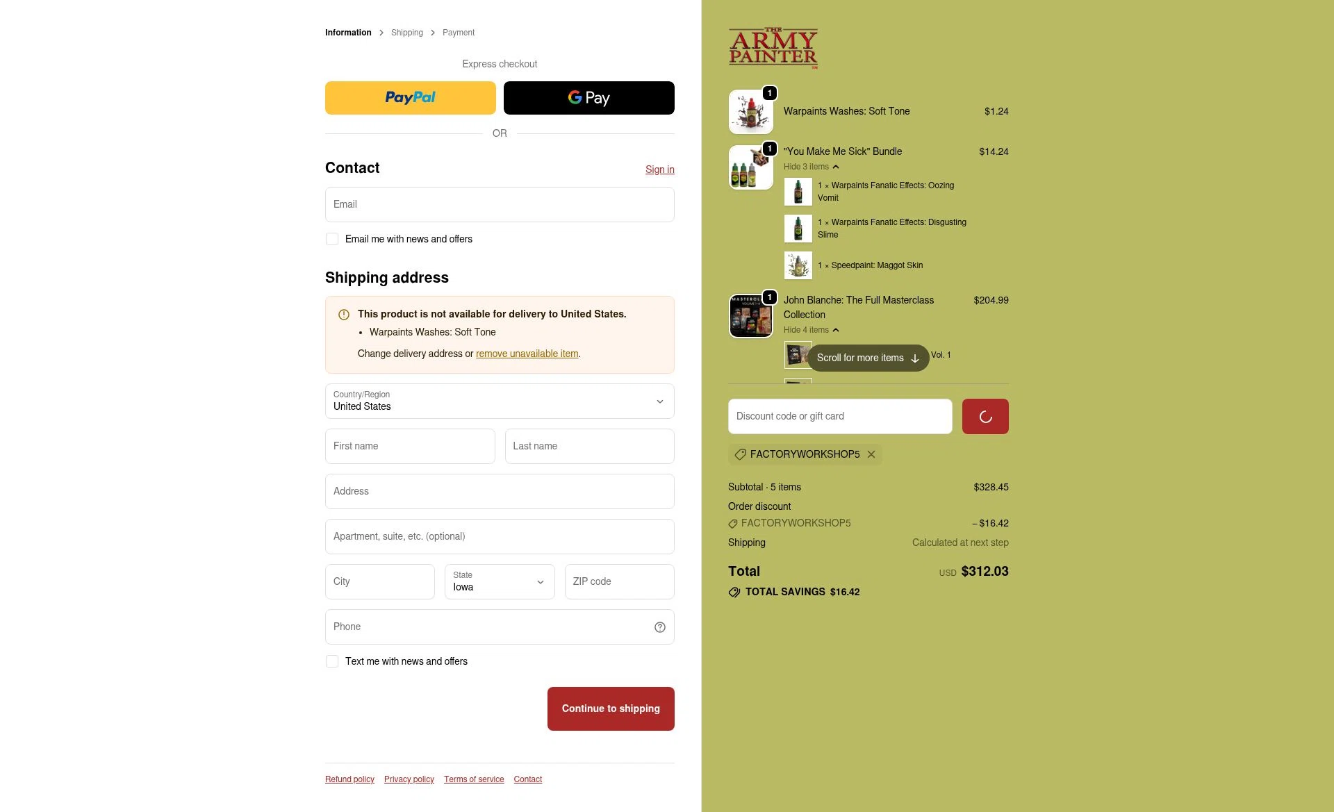 The Army Painter checkout page showing The Army Painter discount code box | Screenshot taken by SimplyCodes community member on Feb 7, 2026
