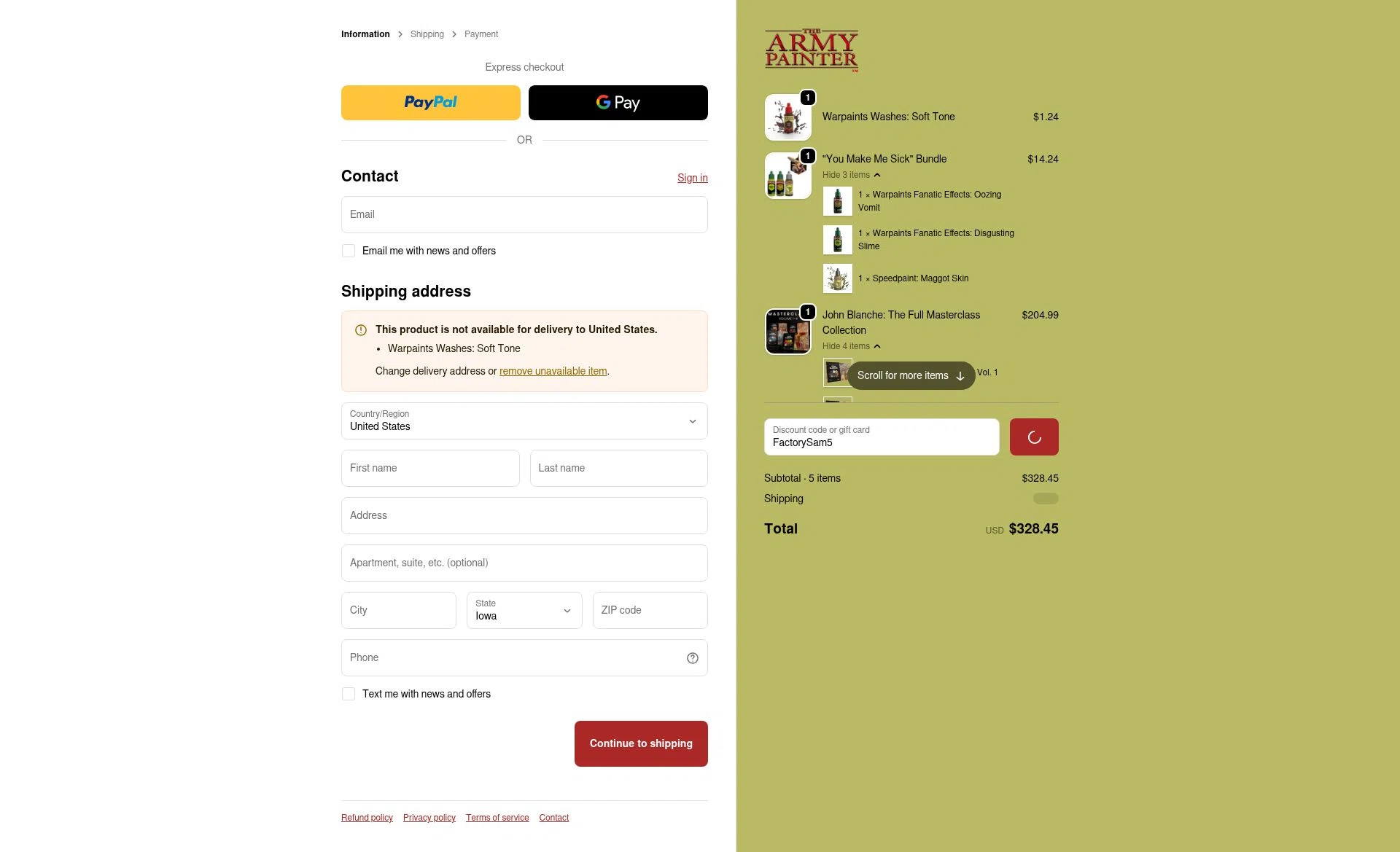 The Army Painter checkout page showing The Army Painter discount code box | Screenshot taken by SimplyCodes community member on Feb 7, 2026