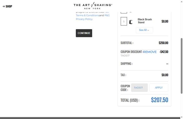 The Art of Shaving checkout page showing The Art of Shaving discount code box | Screenshot taken by SimplyCodes community member on Aug 5, 2025